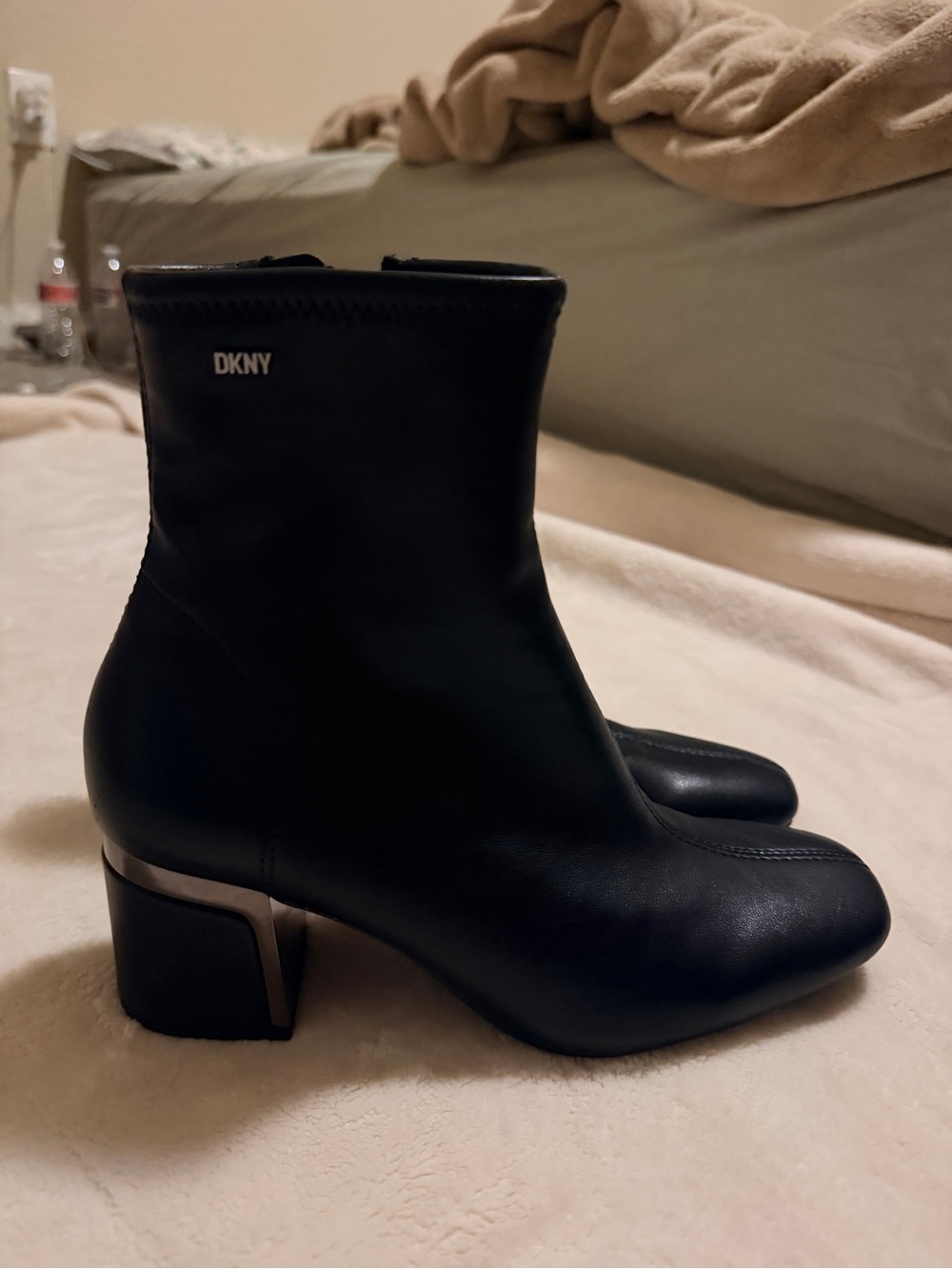 DKNY Black Leather Block Heel Ankle Boots with Metallic Accent